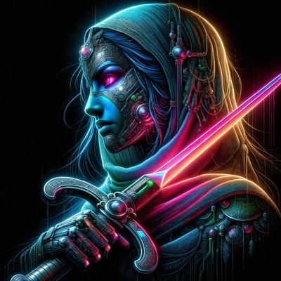 The primary subject of the image is a woman with blue eyes, wearing a blue headpiece and a pink scarf. She is holding a sword in her hand. The setting appears to be a dark, possibly futuristic environment. The visual style is a digital art or illustration, with the woman's eyes and the sword being the main focus of the image. The colors and mood of the image are predominantly dark, with the blue headpiece and pink scarf adding a touch of contrast and bright